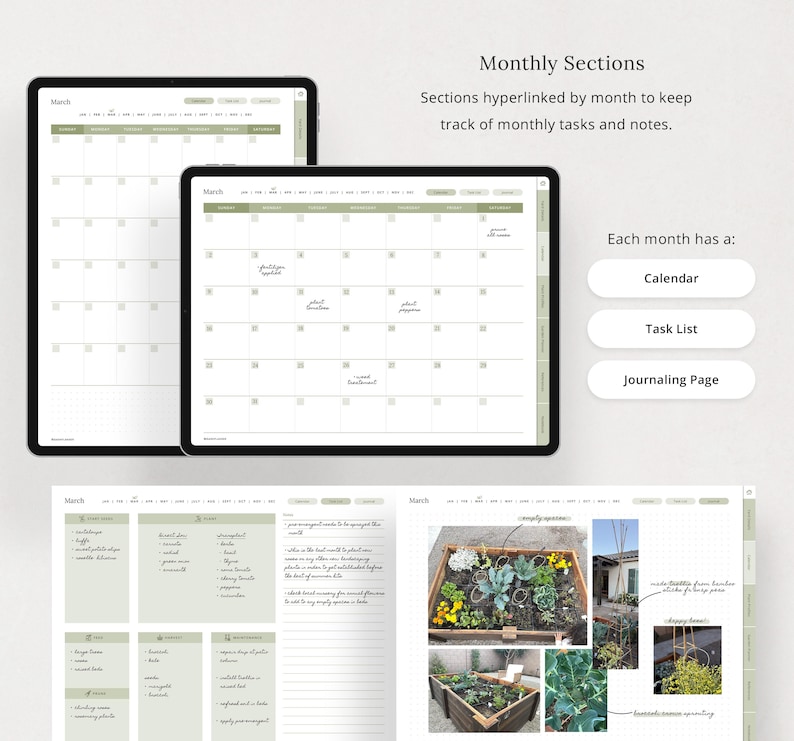 May include: A digital planner with a calendar, task list, and journaling page for each month. The planner is designed for gardening and features a photo of a garden bed with plants and flowers.
