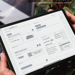 May include: A digital planner app on a tablet screen with a weekly schedule for January 1-7. The planner includes tasks, notes, and social media post ideas. The app features stickers for planning content releases and social media schedules.