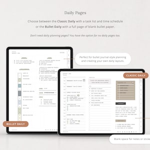 Includes Classic + Bullet daily layouts (or option for no daily pages). Classic daily has a time scedule, task list, and note section.
