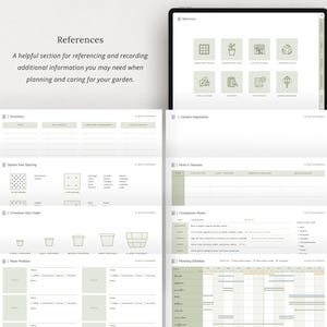 May include: A printable garden planner with sections for inventory, square foot spacing, container size guide, plant wishlist, garden inspiration, plant dimensions, companion plants, and planting schedule.