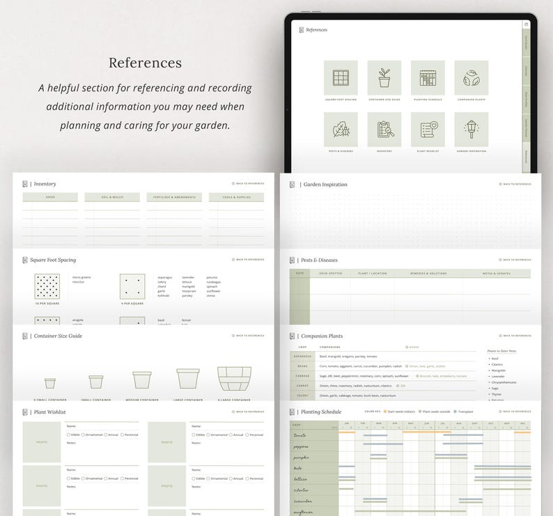 May include: A printable garden planner with sections for inventory, square foot spacing, container size guide, plant wishlist, garden inspiration, plant dimensions, companion plants, and planting schedule.