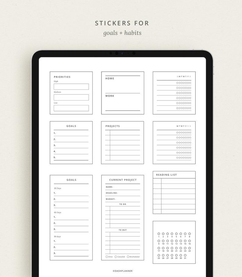 May include: A printable sheet of stickers for goal setting and habit tracking. The stickers include sections for priorities, goals, projects, current projects, reading lists, and a monthly calendar.