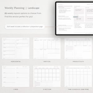 6 weekly layouts in landscape (horizontal) orientation with a Weekly Prep page.