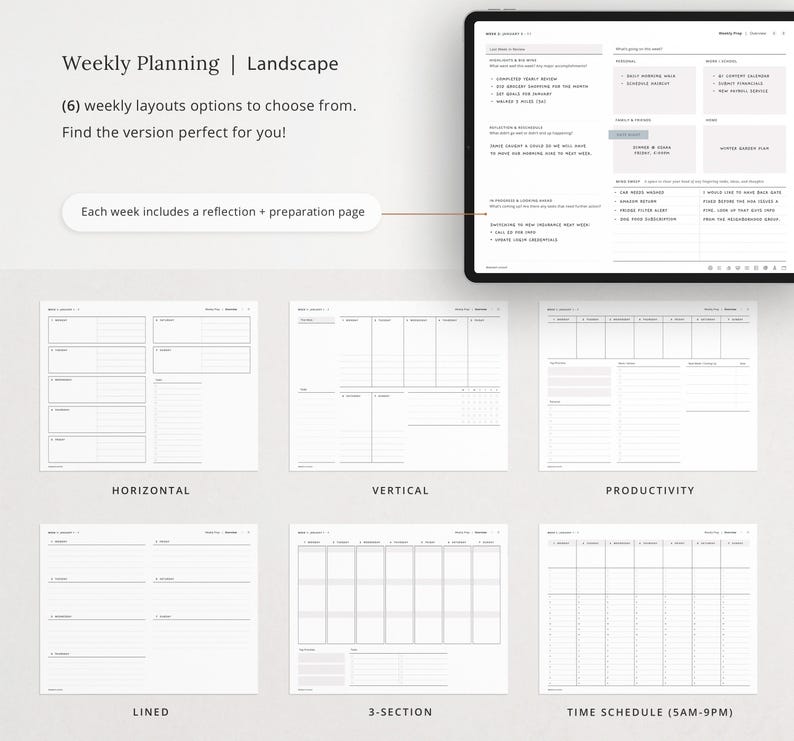 6 weekly layouts in landscape (horizontal) orientation with a Weekly Prep page.