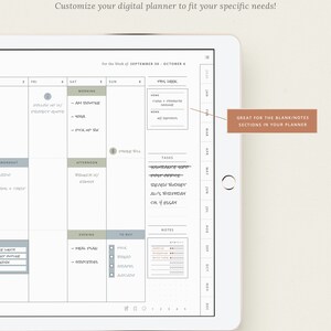 May include: A digital planner app on a tablet screen with a weekly calendar view. The calendar is for the week of September 30th to October 6th. The app has sections for morning, afternoon, evening, tasks, to buy, and notes. The app also has a section for blank notes. The app is designed to help users organize their time and tasks.