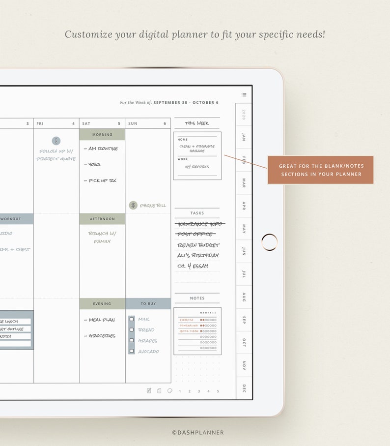 May include: A digital planner app on a tablet screen with a weekly calendar view. The calendar is for the week of September 30th to October 6th. The app has sections for morning, afternoon, evening, tasks, to buy, and notes. The app also has a section for blank notes. The app is designed to help users organize their time and tasks.