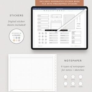 May include: Digital planner stickers for Goodnotes app. The stickers are in six colors and include a variety of icons and labels for organizing notes, assignments, and schedules. The image also shows a digital notepaper template with lined, graph, dot, half, journal, and blank options.