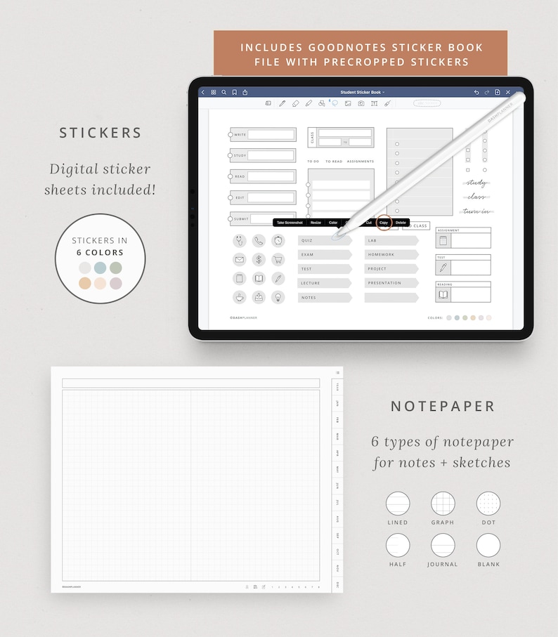 May include: Digital planner stickers for Goodnotes app. The stickers are in six colors and include a variety of icons and labels for organizing notes, assignments, and schedules. The image also shows a digital notepaper template with lined, graph, dot, half, journal, and blank options.
