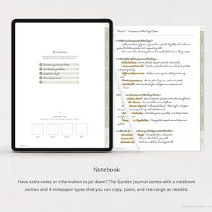 May include: A digital tablet displaying a page from a garden journal with a notebook section and four notepaper types. The page features a section titled "March - Companion Planting Class" with handwritten notes about the benefits of companion planting, including pest control, improved yield, and efficient space utilization. The notebook section includes a list of notepaper types: "Gardening Course Notes", "Shopping List", "Recipe", and "Note Reminders".