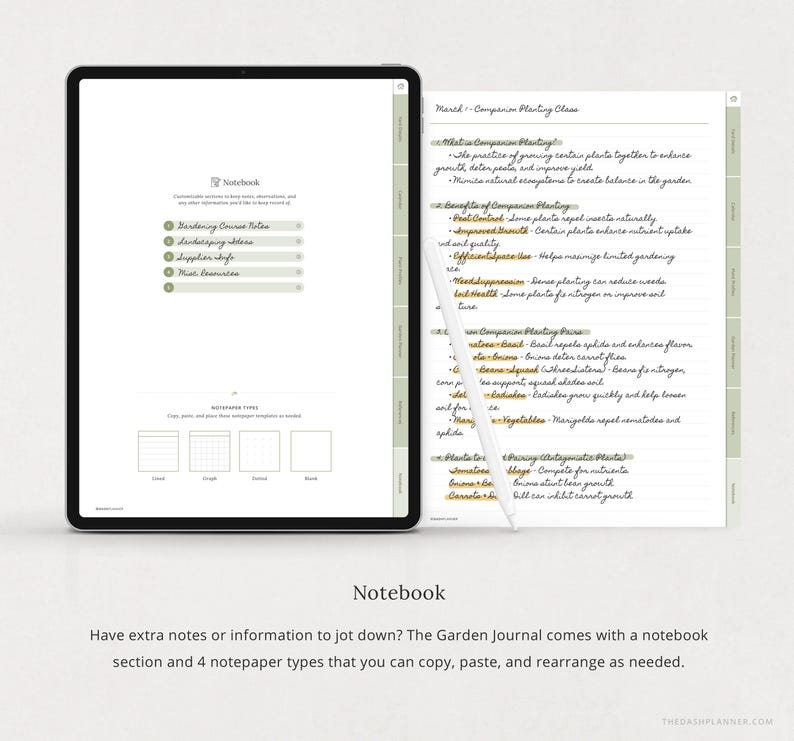 May include: A digital tablet displaying a page from a garden journal with a notebook section and four notepaper types. The page features a section titled "March - Companion Planting Class" with handwritten notes about the benefits of companion planting, including pest control, improved yield, and efficient space utilization. The notebook section includes a list of notepaper types: "Gardening Course Notes", "Shopping List", "Recipe", and "Note Reminders".