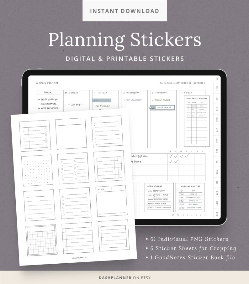 May include: A set of 61 printable planning stickers for use in a weekly planner. The stickers are black and white and feature a variety of designs, including checklists, grids, and blank spaces for notes. The stickers are designed to be used with the GoodNotes app.