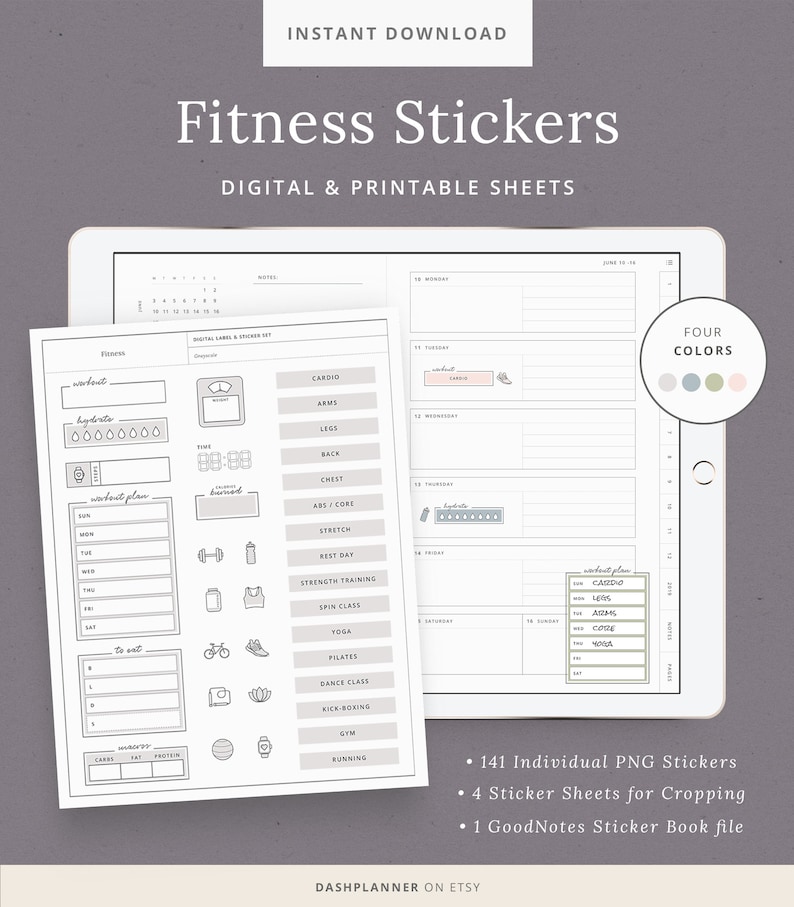 Fitness Digital Stickers for GoodNotes - iPad Planner Stickers - Printable Fitness Sticker Labels - iPad Tablet - Instant Download 