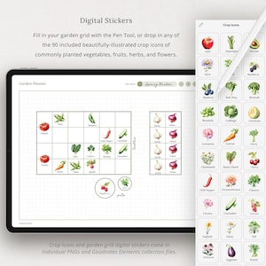 May include: A digital planner page with a grid for a garden planner. The page is filled with colorful, hand-drawn icons of vegetables, fruits, herbs, and flowers. The icons are labeled with their names, such as "tomato", "carrot", and "pea". The page also includes a section for "trellis" and "pots".