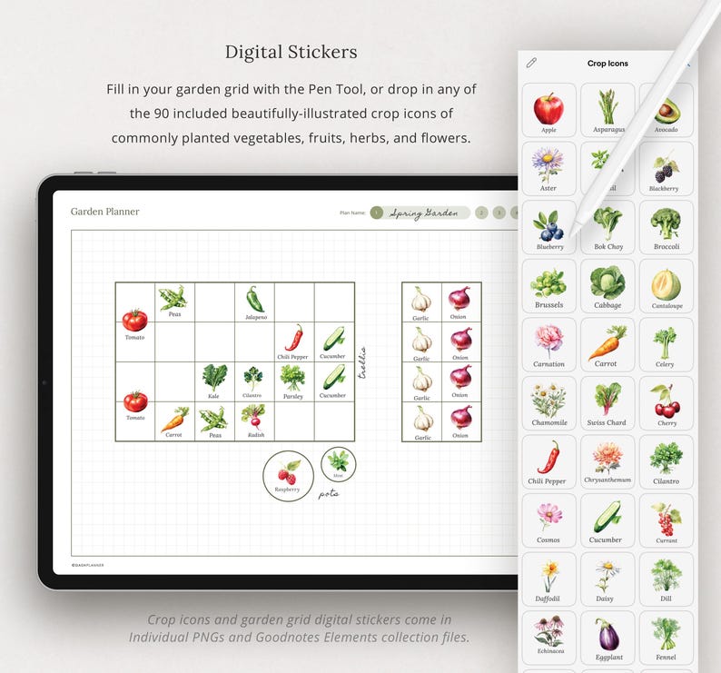 May include: A digital planner page with a grid for a garden planner. The page is filled with colorful, hand-drawn icons of vegetables, fruits, herbs, and flowers. The icons are labeled with their names, such as "tomato", "carrot", and "pea". The page also includes a section for "trellis" and "pots".