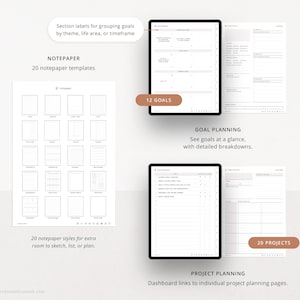 Goal planning (12), project planning (20), and 20 notepaper styles.