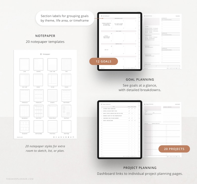 Goal planning (12), project planning (20), and 20 notepaper styles.