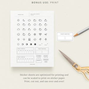 May include: Printable weather icons and planner stickers for use in a bullet journal or planner. The stickers include weather icons, a weekly forecast, and a today's weather section. The stickers are optimized for printing on sticker paper.