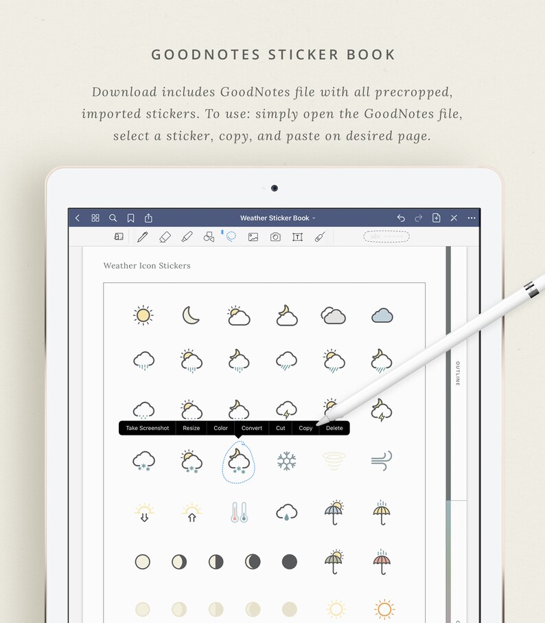 May include: A screenshot of a digital planner app with a page of weather icons. The icons are in a grid format and include various weather conditions such as sun, moon, clouds, rain, snow, and lightning. The app has a toolbar with options to take a screenshot, resize, color, convert, cut, copy, and delete.