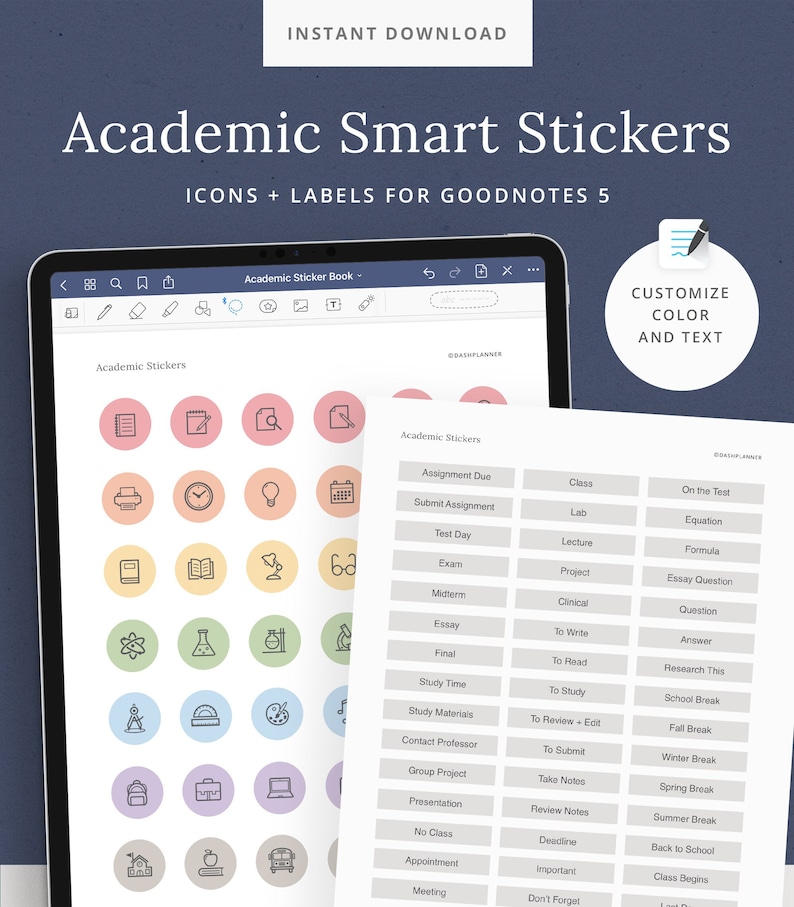 Academic Digital Stickers Smart Stickers for Students GoodNotes file Customizable Icons and Labels Minimal and Modern Dash Planner image 1