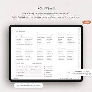 60+ linked templates covering yearly, monthly, personal, health, finance, and more.