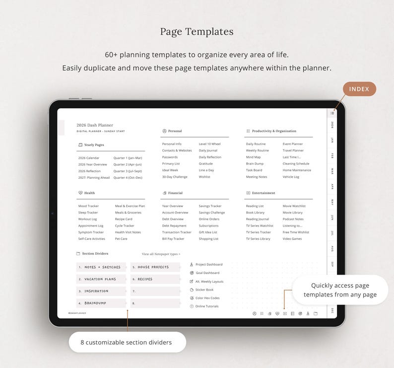 60+ linked templates covering yearly, monthly, personal, health, finance, and more.