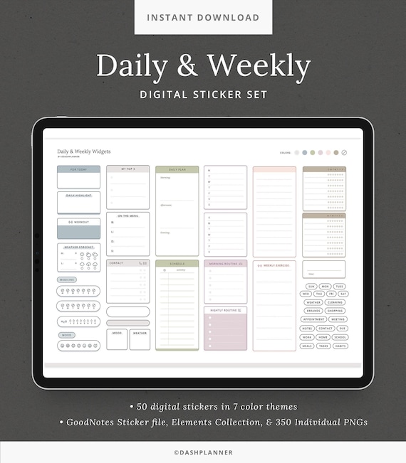 Daily & Weekly Widgets - Digital Sticker Set for Planners - Meals, Weather, Mood, Notes, Fitness - Goodnotes Sticker Book - DashPlanner
