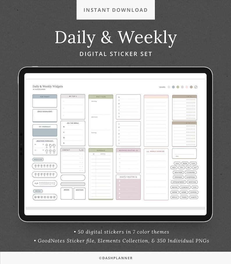 Pu&ograve; includere: Un set di adesivi digitali per la pianificazione giornaliera e settimanale. Il set include 50 adesivi digitali in 7 temi di colore, un file di adesivi GoodNotes, una collezione di elementi e 350 PNG individuali. Gli adesivi sono mostrati sullo schermo di un tablet e includono varie sezioni per i punti salienti del giorno, le previsioni del tempo, il contatto, la medicina, l'umore, ecc.