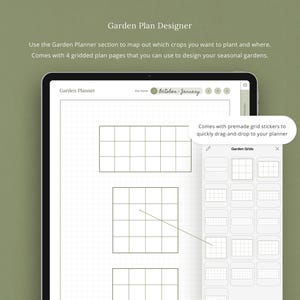 May include: A digital planner app on a tablet screen with a garden planner section. The app has a gridded plan page with the text "October-January" and a section for "Garden Grids" with premade grid stickers to quickly drag-and-drop to the planner.