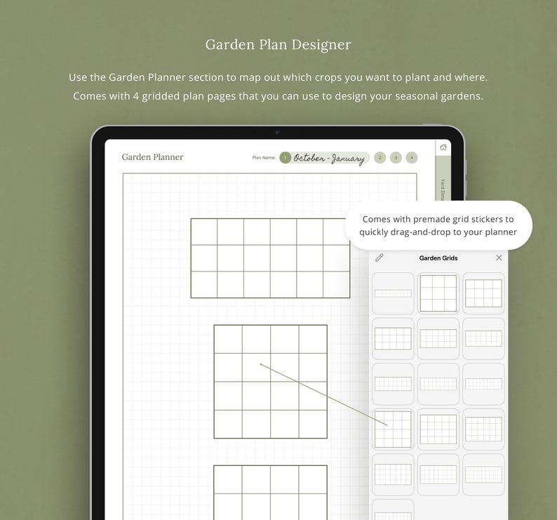 May include: A digital planner app on a tablet screen with a garden planner section. The app has a gridded plan page with the text "October-January" and a section for "Garden Grids" with premade grid stickers to quickly drag-and-drop to the planner.