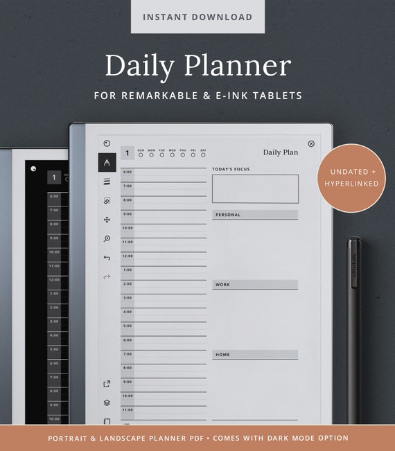 Modello reMarkable per agenda giornaliera Agenda digitale per tablet reMarkable  1 2 e E-Ink Modalità scura con note sulle riunioni giornaliere Dash Planner  -  Italia