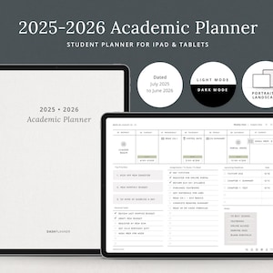 Peut inclure: Deux tablettes numériques affichant un planificateur académique 2025-2026. L'une montre la couverture, l'autre une mise en page détaillée du planificateur. L'image comprend des options pour le mode clair et sombre, et les vues portrait et paysage.