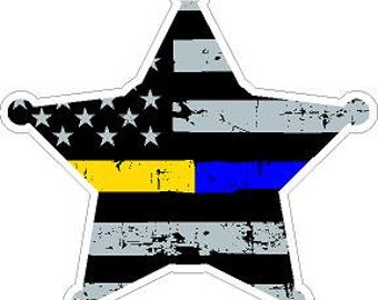 Thin Yellow Blue Line Deputy Sheriff 5 Pt Badge Distressed Flag Reflective or Matte Vinyl Decal Sticker Police Sheriff Deputy