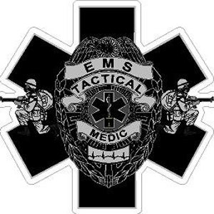 May include: Black and white sticker with a star of life symbol, the words "EMS Tactical Medic" and two figures holding rifles.