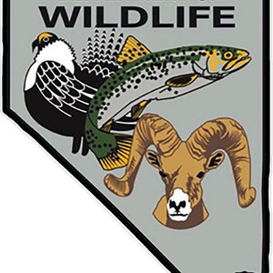 May include: The Nevada Department of Wildlife logo features a gray outline of the state of Nevada with a black border. Inside the outline are three animals: a brown bighorn sheep, a trout with green and yellow markings, and a black and white bird with a yellow beak. The text "NEVADA DEPARTMENT OF WILDLIFE" is in black letters.