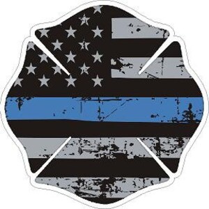 Thin Blue Line Maltese Cross Distressed Flag Reflective or Matte Vinyl Decal Sticker Police Sheriff Deputy Fire Rescue