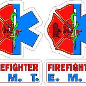 EMT Firefighter Helmet Pair (2) Reflective Decal Sticker Star of Life Maltese Rescue Fire EMT EMS