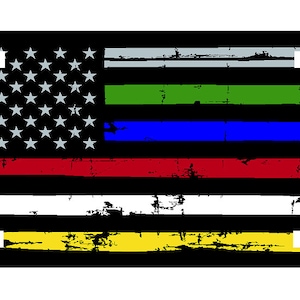 May include: A distressed American flag with thin stripes of green, blue, red, white, and yellow. The flag is a symbol of support for first responders and military personnel.