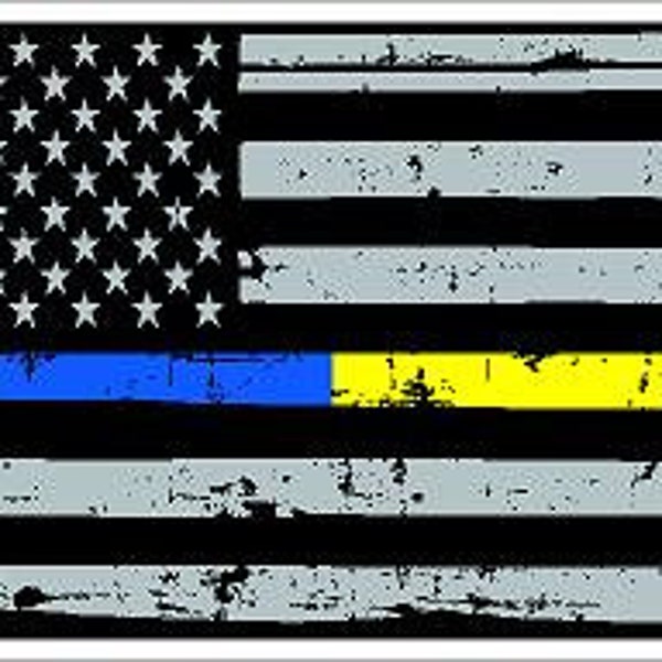Thin Blue Yellow Line Police Dispatcher Distressed US Flag Police Sheriff Deputy EMS 911 Reflective or Matte Decal Sticker or Magnet