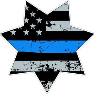 May include: A blue line American flag in the shape of a six-pointed star. The flag is distressed and has a faded look. The blue line represents support for law enforcement.