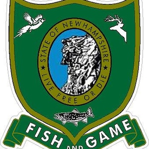 May include: Green shield with a gold border and the words "State of New Hampshire Live Free or Die" inside. A fish and game logo with the words "Fish and Game" on a green banner.