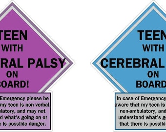 Teen with Cerebral Palsy on board Vinyl decal sticker. Car safety, awareness, emergency assistance