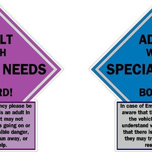 Adult with special needs on board Vinyl decal sticker. Car safety, awareness, emergency assistance