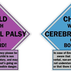 Child with Cerebral Palsy on board Vinyl decal sticker. Car safety, awareness, emergency assistance