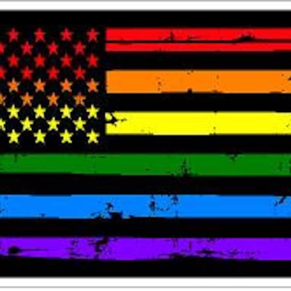 Rainbow Distressed US Flag Reflective or Matte Vinyl Decal Sticker or Magnet LGBT Gay Lesbian