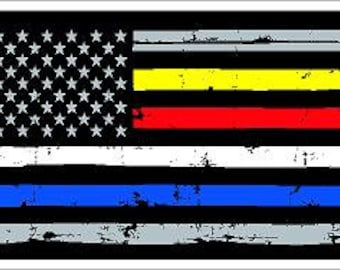 Thin Blue Red White Yellow Line Distressed Flag Reflective Decal Sticker Police Fire EMS 911 Dispatcher