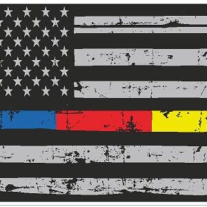 May include: Distressed American flag with a thin blue line, a red line, and a yellow line. The flag is a symbol of support for law enforcement, firefighters, and first responders.