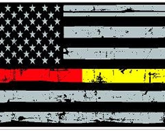 Thin Red Yellow Line Fire Dispatcher Distressed US Flag Reflective or Matte Vinyl Decal Sticker or Magnet Rescue Paramedic Firefighter EMT