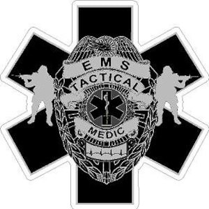 May include: Black and gray sticker with a star of life symbol, the words "EMS Tactical Medic", and two stylized figures holding rifles.