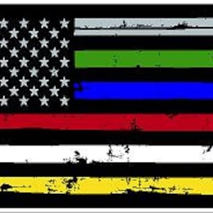 Thin Line Distressed US Flag  Police Fire EMS 911 Dispatch Dept of Corrections Reflective or Matte Vinyl Decal Sticker or Magnet
