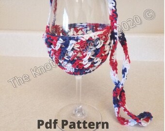 Crochet Wine Glass Cozy Pattern, July 4th Crochet Wine Cozy, Crochet Wine Lanyard, Holiday Wine Glass Cozy Pattern, Holiday Wine Lanyard